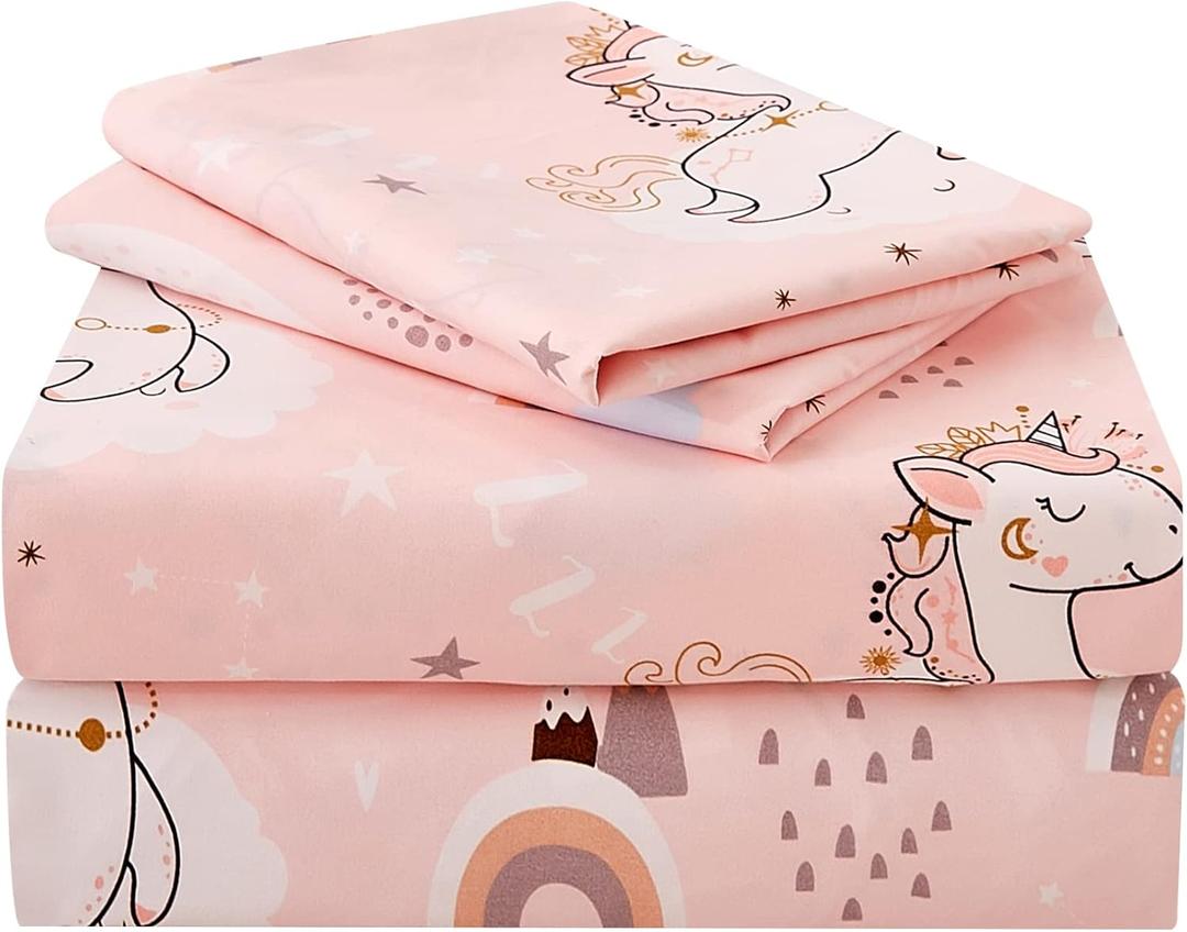 JSD Pink Unicorn Kids Sheet Set Full Size, 4 Piece Girls Rainbow Printed Microfiber Bed Sheets Deep Pocket