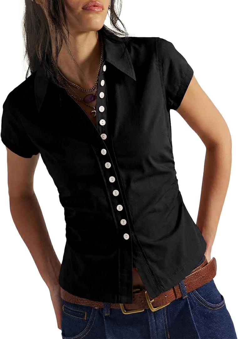Women's Short Sleeve Button Down Shirt Summer Collared Blouse Trendy Casual Tops 2026 (M)