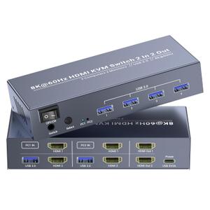 8K60Hz 4K120Hz HDMI KVM Switch 2 Monitors 2 Computers, USB 3.0 Dual Monitor HDMI KVM Switch for Controlling 2 PC with 1 Set of Keyboard, Mouse and 2 Monitors