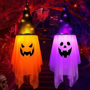 LOGOFUN Halloween LED Lighted Ghost Hanging Decorations Hanging Glowing Ghost with Witch Hat Ghost Pendant with String Light - Orange And White, Pack 2