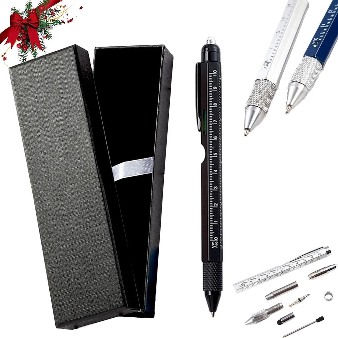 One Pen Nine Functions for Men, 9 in 1 Multitool Pen with LED Light, Screwdrivers, Stylus, Ruler, Bottle Opener, Level, Ballpoint Pen  Gifts for Men Dad Him Husband (Black)