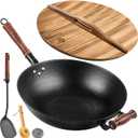 WANGYUANJI Cast Iron Wok Pan with Lid, 13.4 Inch Flat Bottom Uncoated Stir Fry Skillet, Traditional Chinese Iron Pot for 3-5 People, Detachable Walnut Handle, Compatible with Induction & Gas Stoves