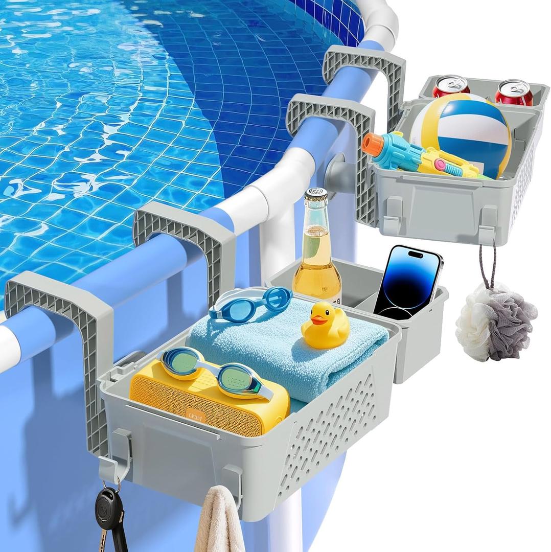 2025 Upgrade2-Pack Poolside Storage Basket with Cup Holder, Above Ground Pool Accessories, 3-in-1 Swimming Pool Hanging Storage Baskets to Organize Cups & Towels, Fits 3 Inch or Less Top Rail(Grey)