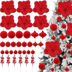 Kinlop 34 Pcs Red Christmas Tree Ornaments Set with Velvet Balls Artificial Poinsettias Flowers and Fake Berries, Christmas Tree Decoration Kit for Xmas Holiday Party Decoration