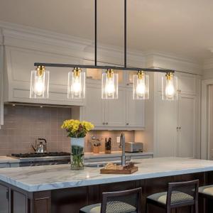Mecgirn Island Light for Kitchen, Black and Gold Dining Room Light Fixture Over Table, 5-Light Linear Chandelier Pendant Lighting for Dining Table Kitchen Island Living Room, 5 Light + Clear Glass