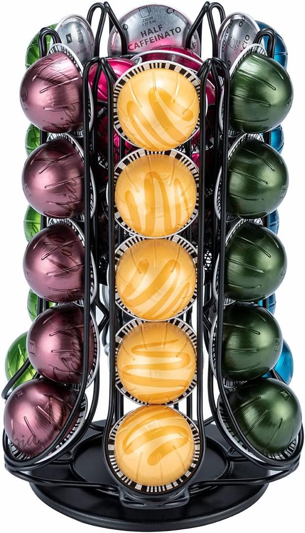 FlagShip for Nespresso Pod Holder Coffee Pod Carousel for Vertuo Pod Storage with Extra Basket 360 Silent Rolling(30+ Pods & 1 Box Capacity) (Black)