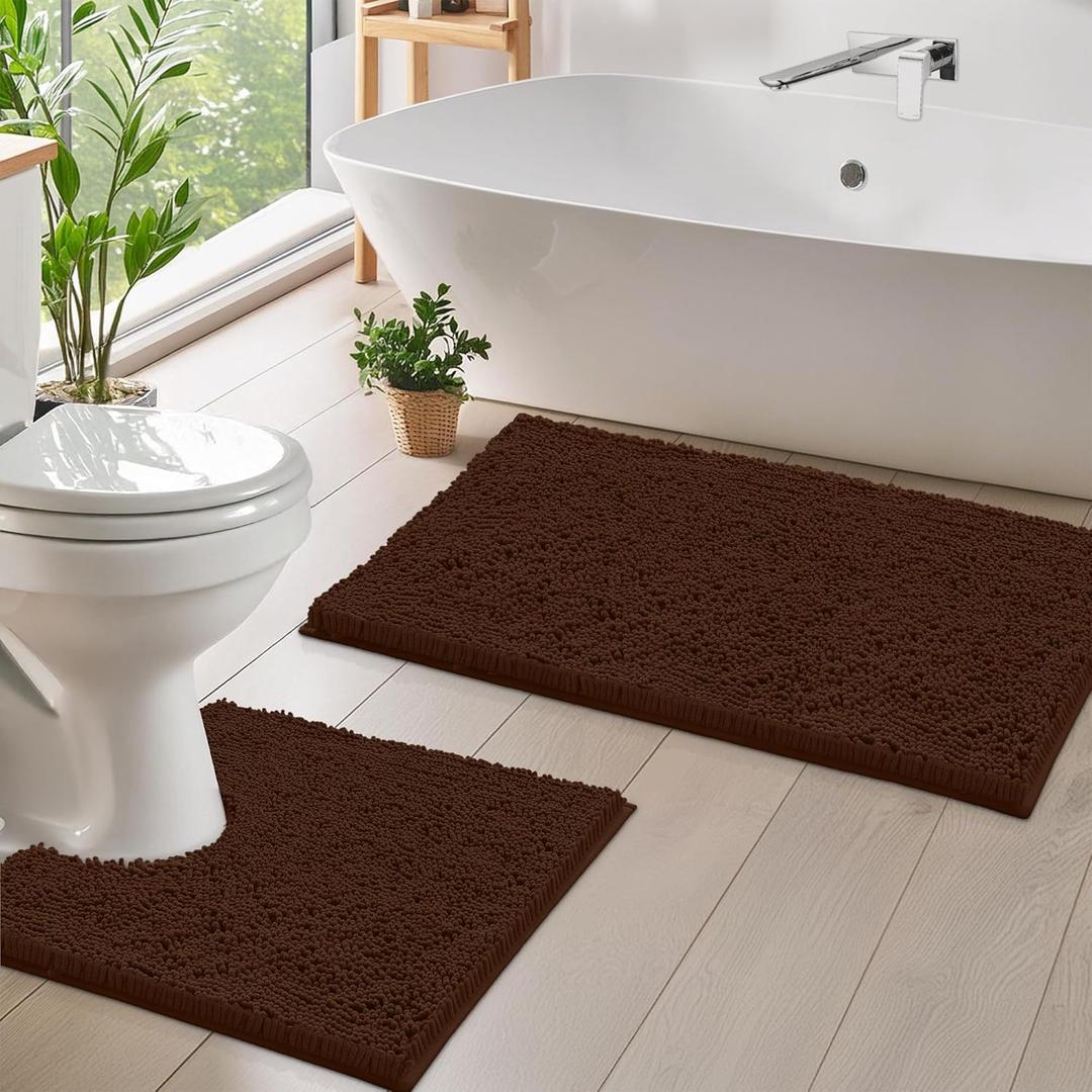 LuxUrux Bathroom Rugs Sets 2 Piece: Quick Dry, Soft Plush Anti-Slip, Super Absorbent. Includes Rectangular (31x20 inches) & U-Shaped Toilet Mat (20x20 inches) | Brown