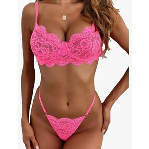 Lilosy Sexy Underwire Push Up Scallop Floral Lace Sheer Lingerie Set for Women Bra and Panty 2 Piece, XS