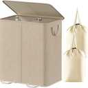 Lifewit Double Laundry Hamper with Lid and Removable Laundry Bags, Large Collapsible 2 Dividers Dirty Clothes Basket with Handles for Bedroom, Laundry Room, Closet, Bathroom, College, 155L Beige