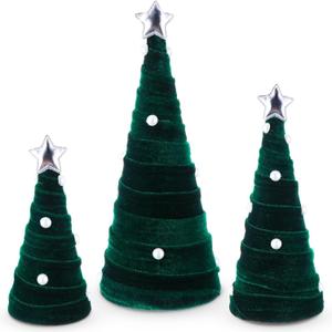 Leitee 3 Pcs Christmas Green Velvet Trees, Cone Table Decorations Modern Christmas Tabletop Centerpieces Trees Winter Decor Tree Tiered Tray with Pearls and Stars for Entryway Mantle Home Farmhouse