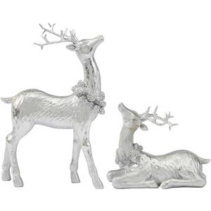 DN DECONATION Christmas Reindeer Figurines, Winter Deer Small Statues Decor, Silver Decorative Reindeer Sculptures, Resin Xmas Holiday Home Dcor Accents for Office Living Room & Bedroom 2PCS (Matte Sliver)