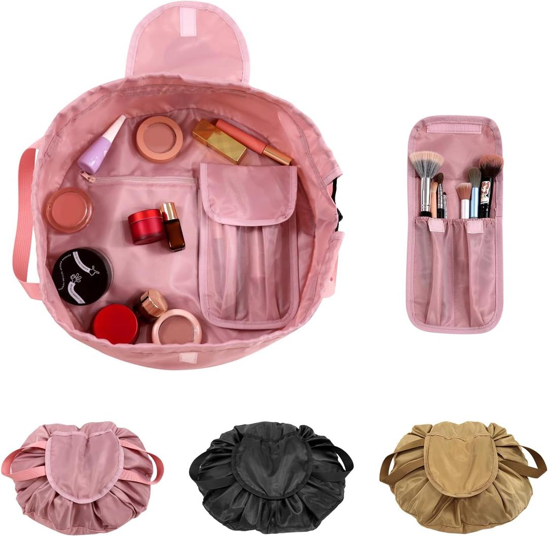 Drawstring Cinch Makeup Bag for Women - Drawstring Cosmetic Bag for Travel Toiletry Organizer with Brush Area (Pink)