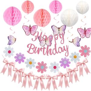 Pink Birthday Decorations Kit Happy Birthday Banner with Honeycomb Ball Butterfly Hanging Swirl Streamer Flower Garland Pink Bow Garland Banner Decoration for Women Men Boys Girls