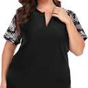 COOTRY Womens Plus Size Rash Guard Short Sleeve Swim Shirt UPF 50+ Sun Protection Zip Swimsuit Tops Black + Leaves 2XL
