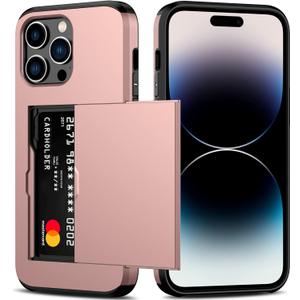 Nvollnoe for iPhone 14 Pro Max Case with Card Holder Heavy Duty Protective Dual Layer Shockproof Hidden Card Slot Slim Wallet Cover for iPhone 14 Pro Max for Women&Men(Rose Gold)