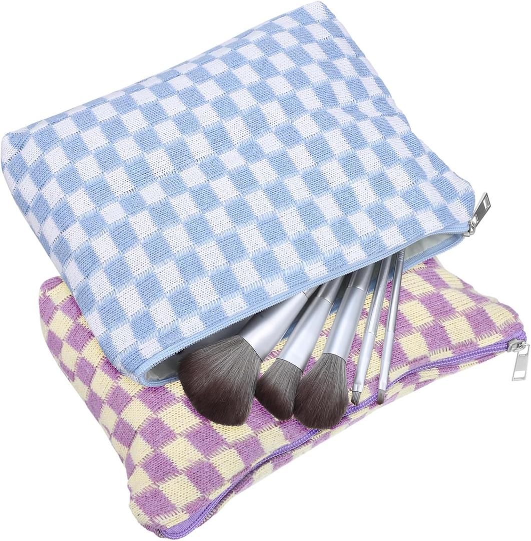 2pcs Checkered Makeup Bags for Women Small Zipper Storage Pouches for Cosmetics and Period Pads Lightweight Toiletry Organizer for Travel and Everyday Use