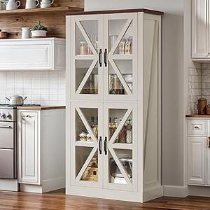 YITAHOME Kitchen Pantry Storage Cabinet, 66" Freestanding Farmhouse Glass Door Display Storage Cabinet with Door & Shelves for Living & Dinning Room, White