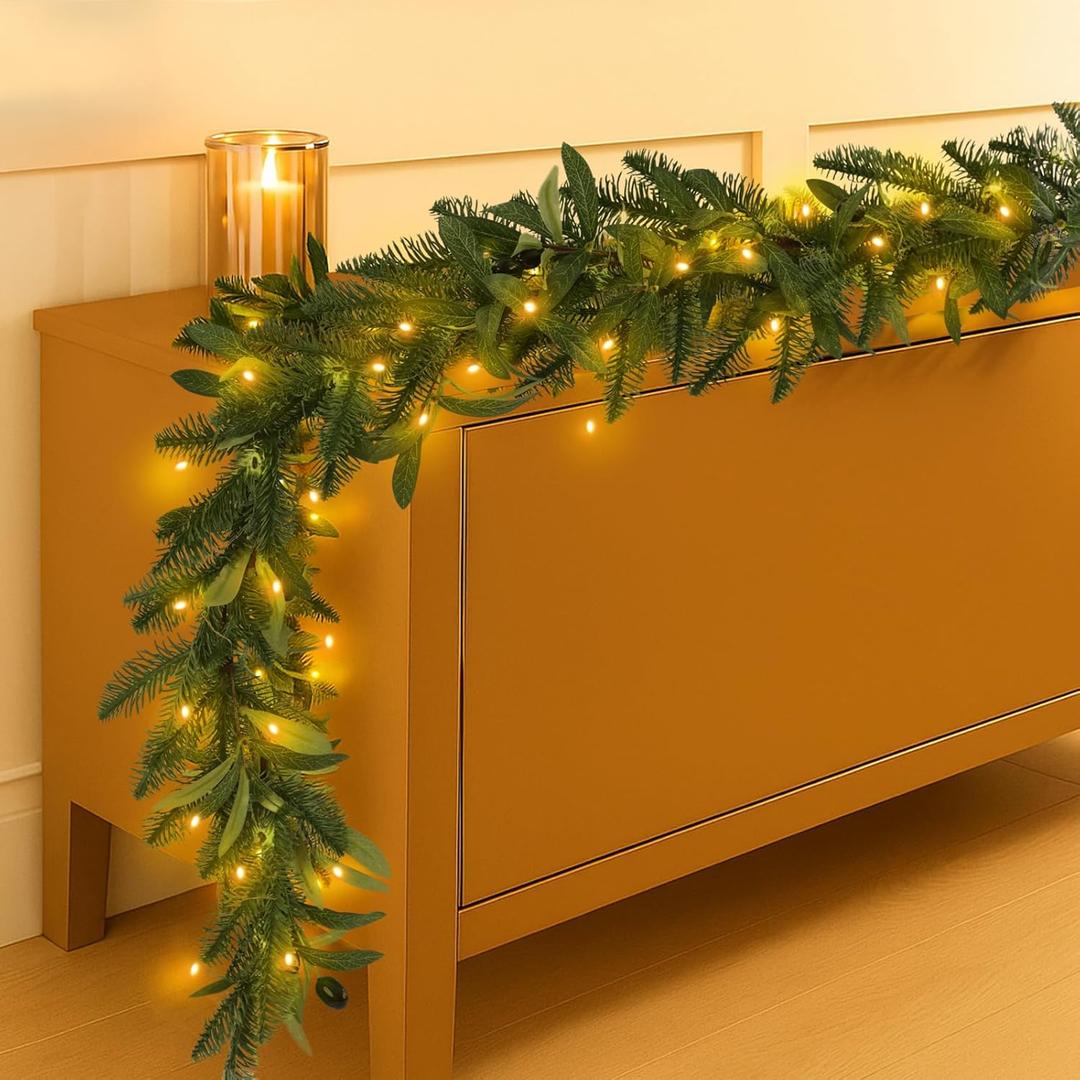 6.56 ft Christmas Artificial Olive Vine with Pine Garland with 9.84 ft LED Fairy Lights Battery Operated Green Dense Artificial Vines for Table Runner Center of Holiday Wedding Arch Party Mantle