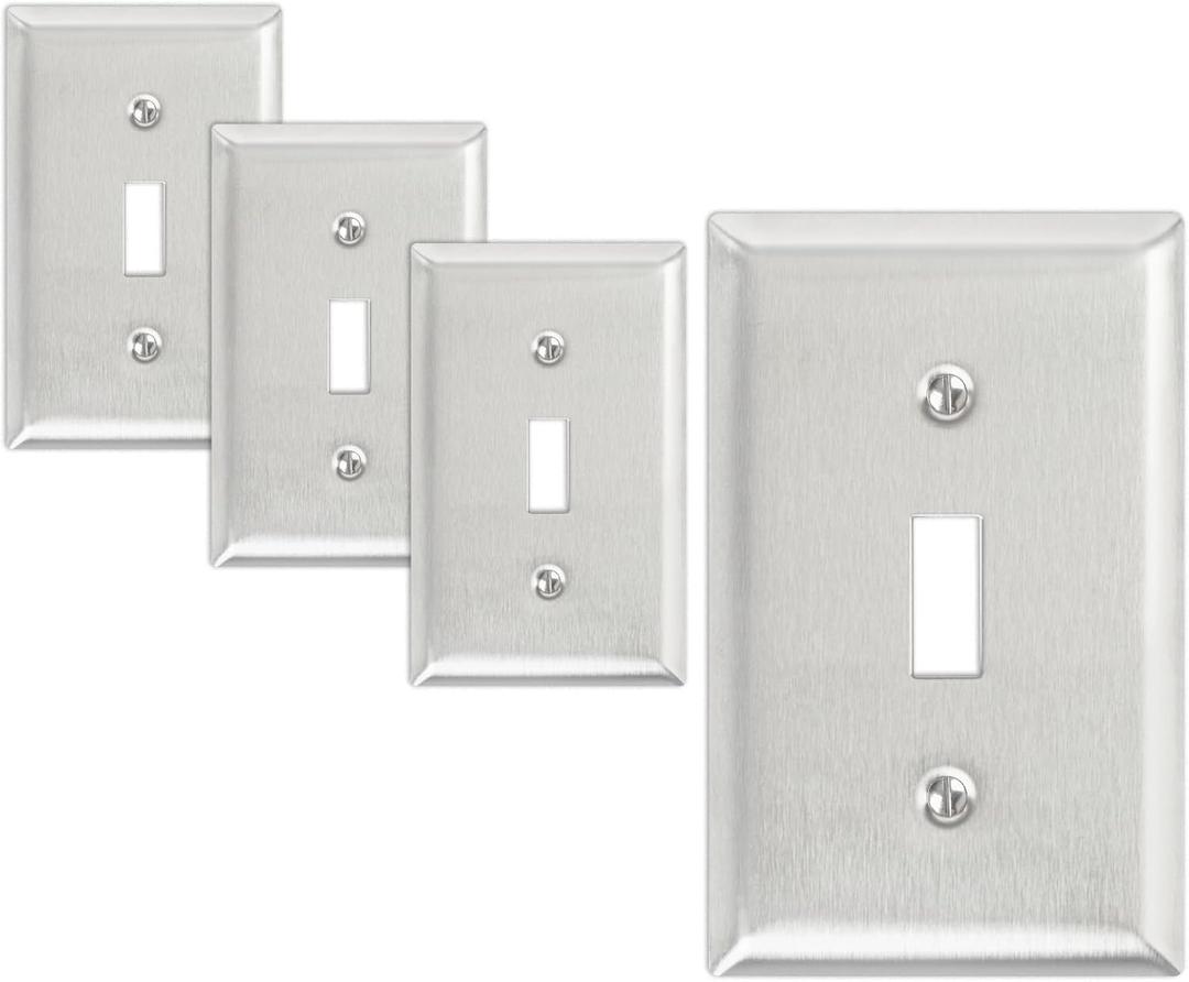 Stainless Steel Single Toggle Wall Plate for Electrical Outlets, Metal Decorative Receptacle Covers and Light Switch Plates, Silver, 5 pack 1 Gang Standard Size (Single Toggle)