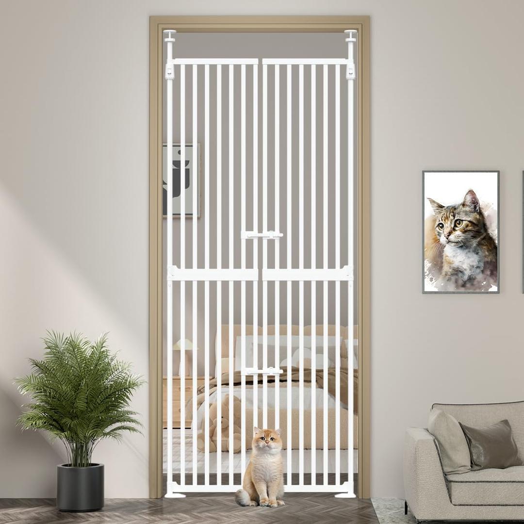 71" High Extra Tall Cat Gate, 34-36 Inch Tall Pet Gates, Auto Close Kitten Safety Gates, Double Pet Door for Doorway, Indoor Pet Barrier, No Drilling, Cats Proof Gate, Kitchen