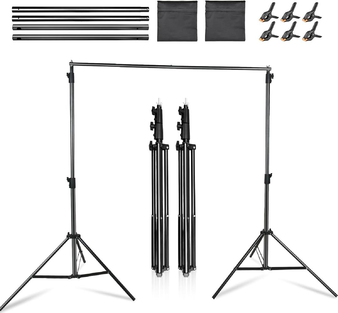 YELANGU Photo Backdrop Stand Kit for Parties: Adjustable, Heavy Duty Backdrop Stand, 8x10ft Photography Backdrop Stand with Banner Stand, Includes 6 Clamps, 2 Sandbags, Portable Bag, Aluminum Alloy
