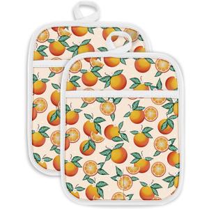 Swooflia 100% Cotton Pot Holders 2 Pack Set for Kitchen with Pockets - Cute 440F Heat Resistant Oven Hot Pads Heavy Duty for Countertop Home Cooking Baking Microwave BBQ Orange