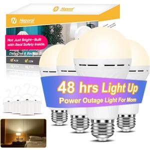 Neporal LITE Emergency Rechargeable Light Bulbs A19, Light Up to 48 hrs, Battery Operated Light Bulb, 5000K E26 LED Bulb, Emergency Lights for Home Power Failure (Soft White-4PK, 12, Watts)