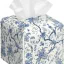 Blue Flower and Bird Tissue Box Cover Leather Tissue Box Holder Square Facial Paper Organizer Dispenser for Bathroom Kitchen Bedroom Vanity Countertop Night Stands
