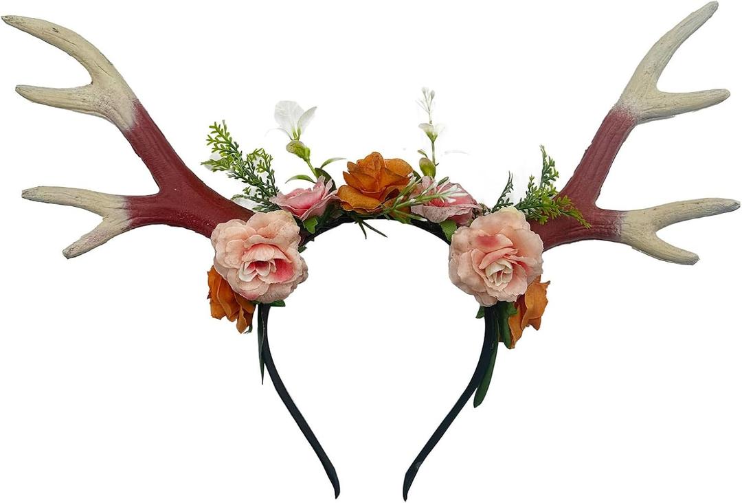 Deer Antler Headband Reindeer Horns Rose Flower Crown for Women Halloween Christmas Cosplay Hair Accessory