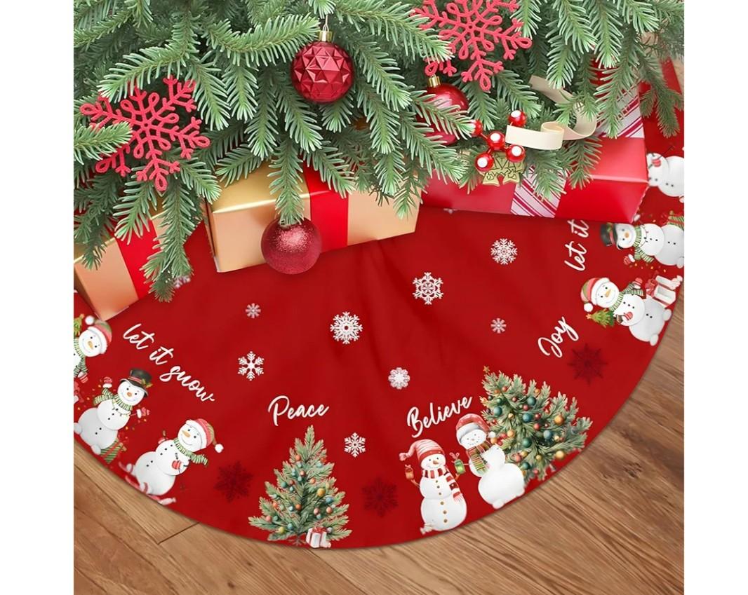 Red Christmas Tree Skirt 36 Inch White Snowman Pattern Tree Skirts Snowflake Xmas Tree Base Cover Mat for Party Occasion Decor Supplies Xmas New Year Home Decorations