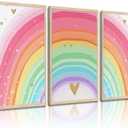 Girls Rainbow Wall Art Set of 3, Colorful Nursery Wall Decor Painting, Kids Heart Picture Poster Prints for Classroom Kids Room Baby Room Bedroom Dorm Home Decoration 12x16in Unframed
