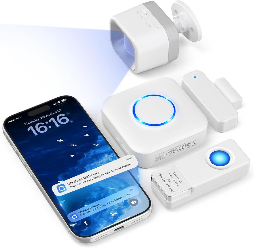 WiFi Motion Sensor, Smart Motion Detector Kit with Phone App Alerts, Includes Gateway Hub, PIR Motion Sensor, Doorbell Button, Door Sensor, DIY Burglar Alarm for Home Business Apartment 2.4GHz Wi-Fi (White)