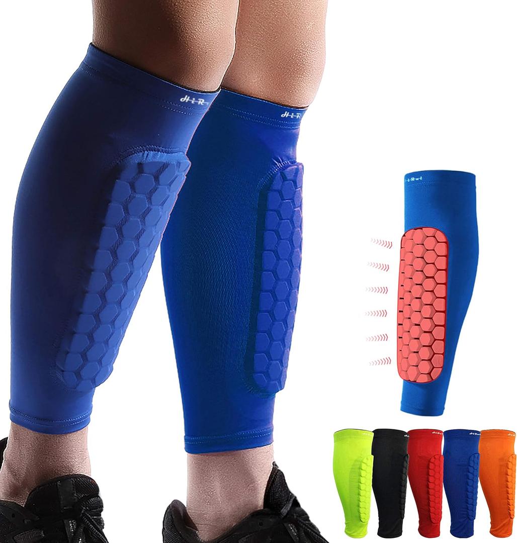 HiRui Soccer Shin Guards Shin Pads for Kids Youth Adult, Calf Compression Sleeve with Honeycomb Pads, Support for Shin Splint Baseball Boxing Kickboxing MTB, Lightweight(1PAIR) (Large, Blue)