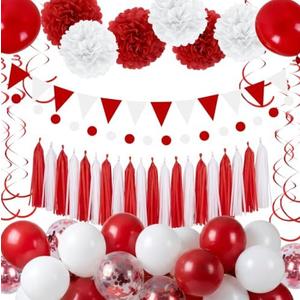 Red and White Party Decorations Set for Birthday and Graduation | Pom poms, tassel garland, banner and balloons; Valentine's Day and school event decor