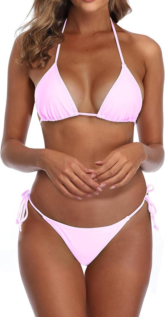 SHERRYLO Thong Bikini Swimsuit for Women Black Brazilian String Bikinis Bathing Suit Triangle Top Bathing Suits Swimsuits (Medium, Light Pink)