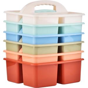 Plastic Storage Caddy Organizers, 6 Pcs Portable Teacher Classroom Supply Caddies with Handle, 3-Compartment Utility Craft Art Caddy for Kids, School Classroom and Office Organization, Boho Colors (Rainbow)