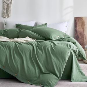 JELLYMONI 100% Washed Cotton Duvet Cover Full – Soft, Breathable Linen-Look Bedding with Natural Wrinkle Texture, Button Closure, 3-Piece Set (Dusty Green, 80"x90")