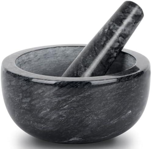 Tera Marble Mortar and Pestle Set Large Solid Stone Grinder Spice Herb Grinder Pill Crusher (Black, Diameter 5.5") Missing One Detail