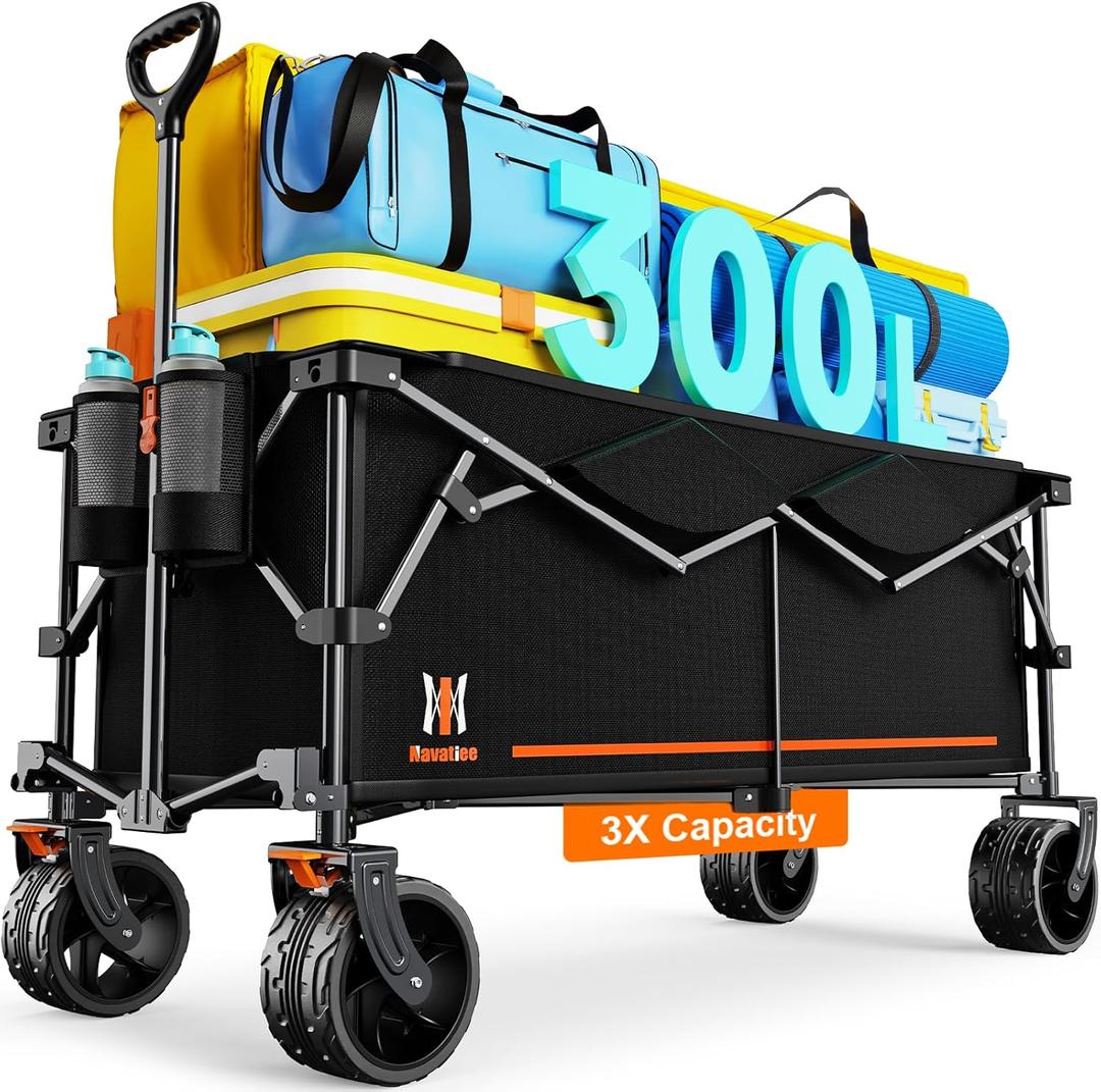 Navatiee 300L Collapsible Wagon Cart Foldable Extra Large, 48''L Folding Extended Beach Wagon with 440LBS Weight Capacity and Big All-Terrain Wheels, Heavy Duty Utility Garden Cart for Sports Outdoor (Black)