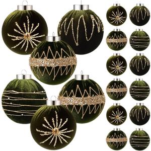 12 Pcs Velvet Vintage Christmas Ornaments 3.2 Inches Large Neutral Flocked Ball Hanging Ornament Xmas Balls Set for Christmas Tree Decorations Party Hanging Decor (Green)