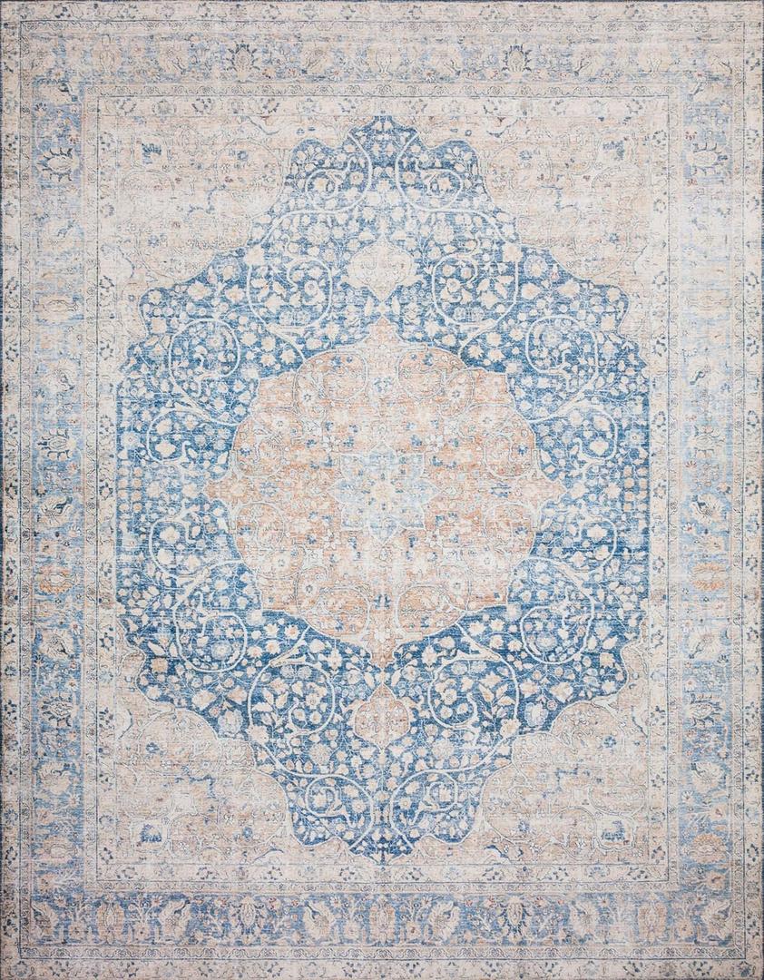 Loloi Layla Collection LAY-07 Blue/Tangerine 9'-0" x 12'-0" .13" Thick Area Rug, Soft, Durable, Vintage Inspired, Distressed, Low Pile, Non-Shedding, Easy Clean, Printed, Living Room Rug