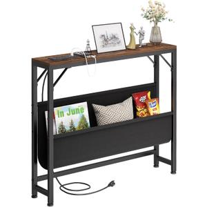 31.5'' Small Console Table with Charging Station and Storage, Narrow Sofa Table with Power Outlets, Behind The Couch Table, for Living Room, Foyer, Entryway, Hallway, Rustic Brown
