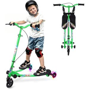 Swing Scooter for Kids, 3 Wheels Foldable Wiggle Kick Scooter Push Drifting with 4 Adjustable Handlebar & 2 Rear LED Wheel for Boys and Girls Ages 3-8