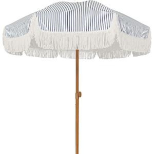 AMMSUN 7ft Patio Umbrella with Fringe Outdoor Tassel Umbrella UPF50+ Premium Steel Pole and Ribs Push Button Tilt, Navy Blue Stripes