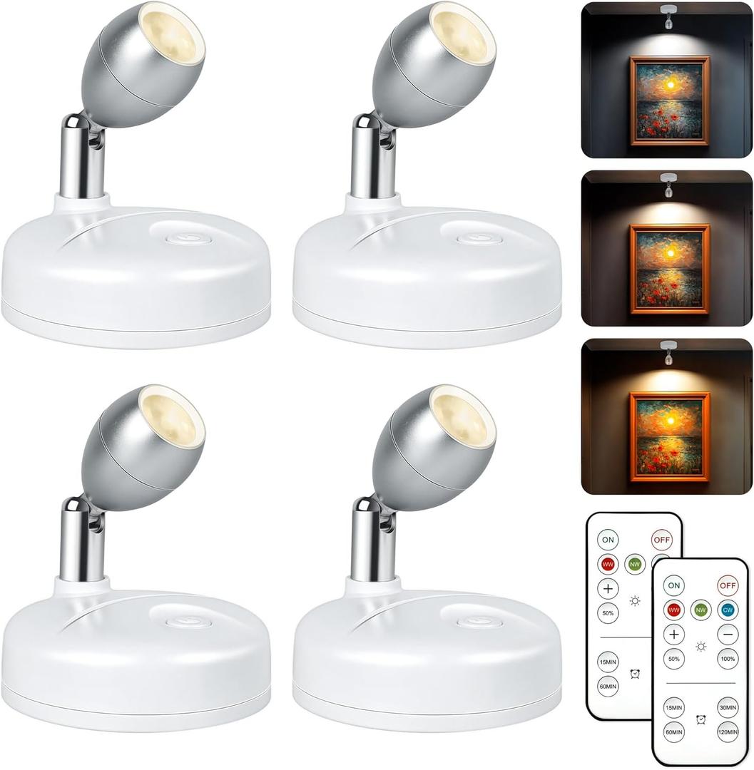 Destlife 4 Pack Wireless Spot Lights Indoor, Battery Operated Uplighting, Mini Spotlight with Remote 3CCT Tree Lights Indoor, Accent Wall Lights for Display Plant Picture Dartboard (White-3 Color Temp Light)