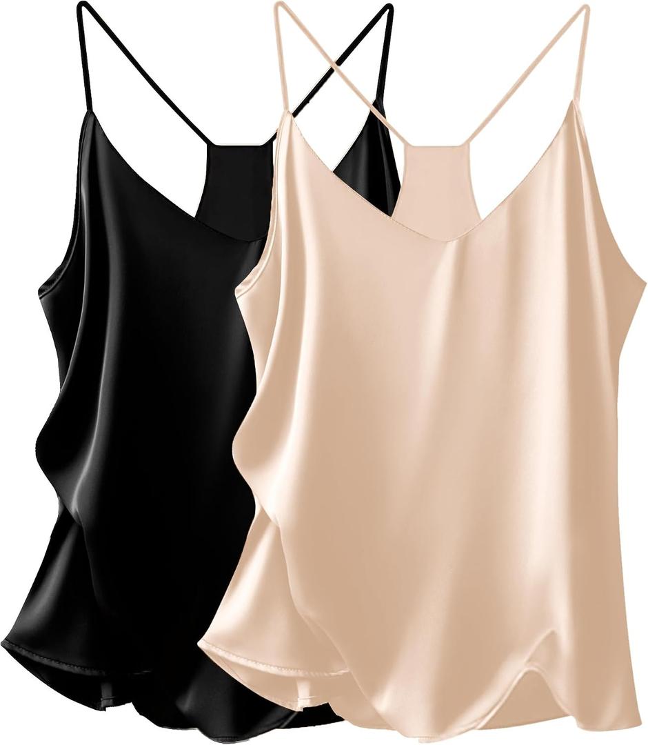 Ekouaer Womens Satin Cami Tops 2 Pack V Neck Silk Camisole Tank Top Spaghetti Strap Racerback Camis Blouse Shirt (Beige, XL)