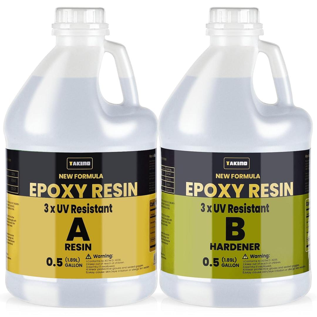 TAKIMO 1 Gallon UV Resistant Epoxy Resin Kit - Ultra Clear Non-Yellowing Formula for Art & Furniture - High Gloss Table Top & Coating - 1:1 Ratio, 128oz, 2 Pcs