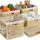 4PC Foldable 13 x 13 Storage Baskets, Handwoven Paper Rope with Reinforced Structure, Removable Liner, No Sharp Edges, Odor-Free, for Nursery, Living Room, Closet, Bedroom, Shelves