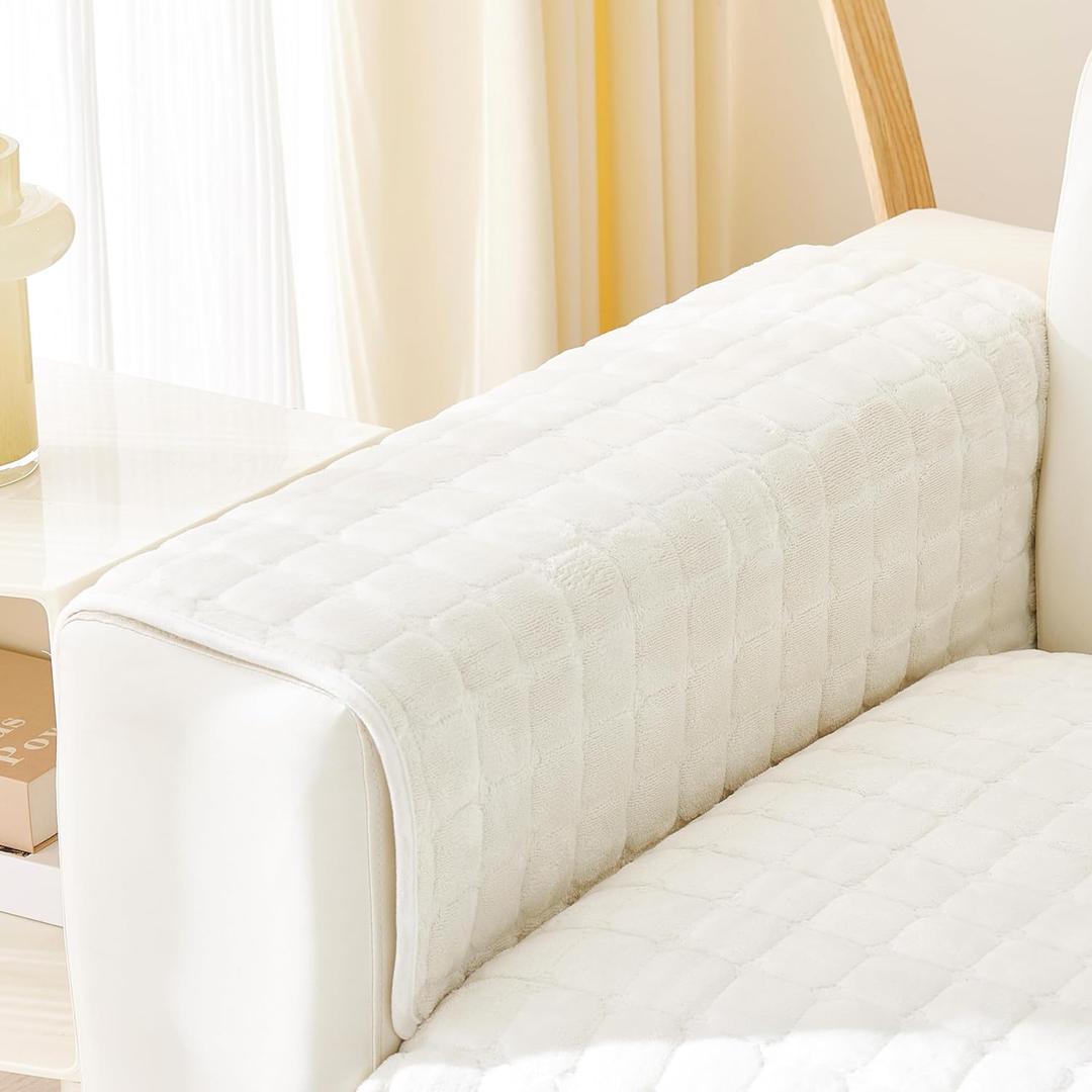 Couch Arm Covers, Velvet Fuzzy Non-Slip Armchair Sofa Slipcovers, Couch Covers for Sofa Arm Rest Cover, Recliner Armrest Pads, Pet Friendly Couch Protector for Dogs Washable (White,28"X28")