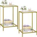 Side Tables Set of 2, End Tables with Tempered Glass, 2-Tier Nightstands with Storage Shelves, Coffee Table with Modern Style, Slim Sofa Table for Living Room, Bedroom, 11.8" D x 15" W, Golden